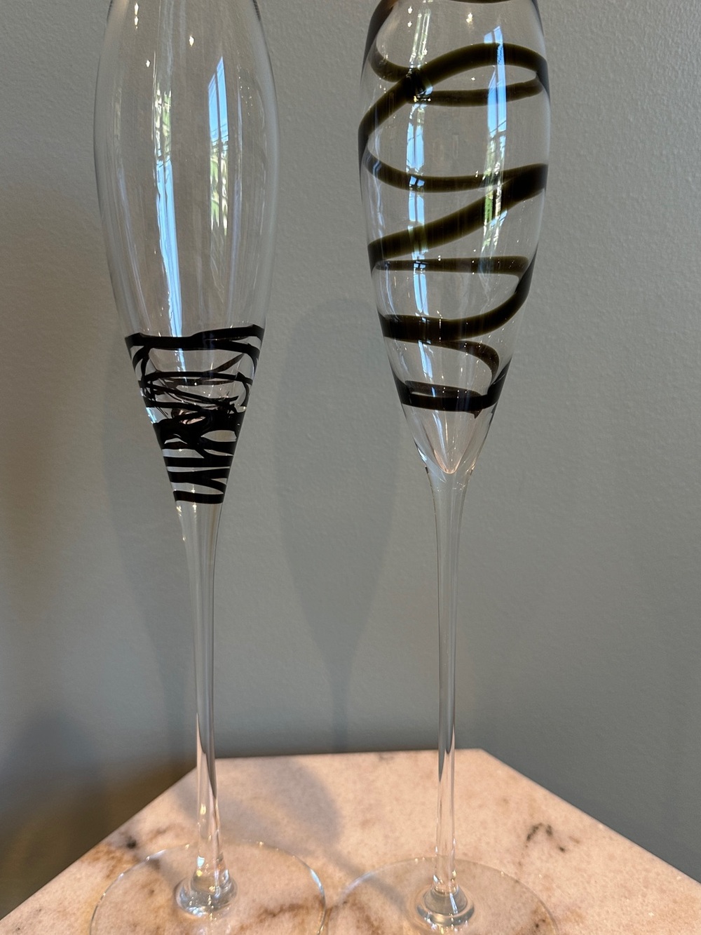 Extra Tall 14” Decorative Clear Glass Flutes with Black Swirl Accent - Set of 2